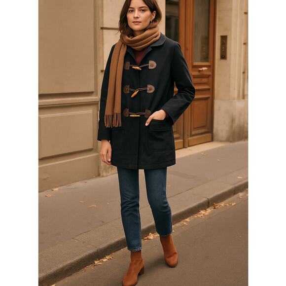 APC Paris S Wax Coated Leather Toggle Duffle Coat $495 Plaid Lined Jacket Black - Picture 1 of 12